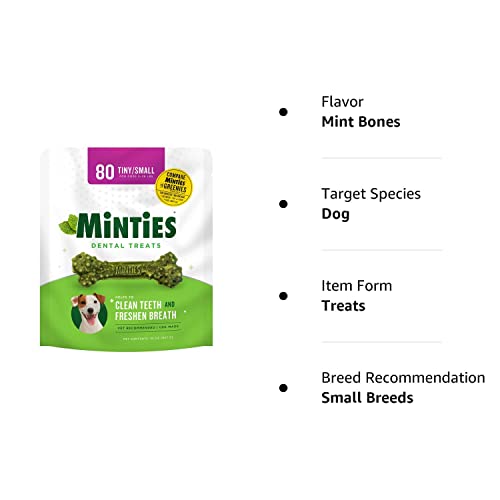 Minties Dental Chews for Dogs, 80 Count, Vet-Recommended Mint-Flavored Dental Treats for Tiny/Small Dogs 5-24 lbs, Dental Bones Clean Teeth, Fight Bad Breath, and Removes Plaque and Tartar-UPStoxs