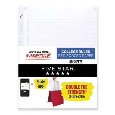 Five Star Loose Leaf Paper + Study App, Notebook Paper, College Ruled Filler Paper, Reinforced, Fights Ink Bleed, 8.5 x 11, 80 Sheets (170102),White-UPStoxs