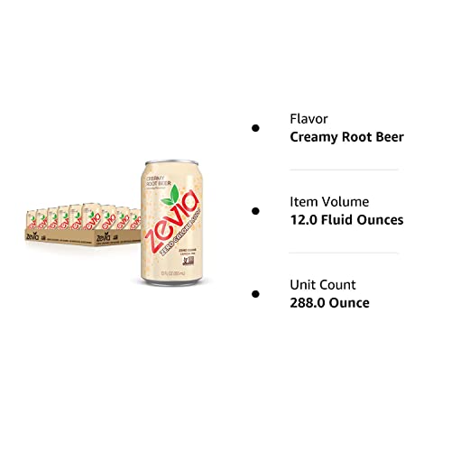 Zevia Zero Sugar, Creamy Root Beer Soda, Caffeine Free, 12 Fl Oz Cans (Pack of 24)-UPStoxs