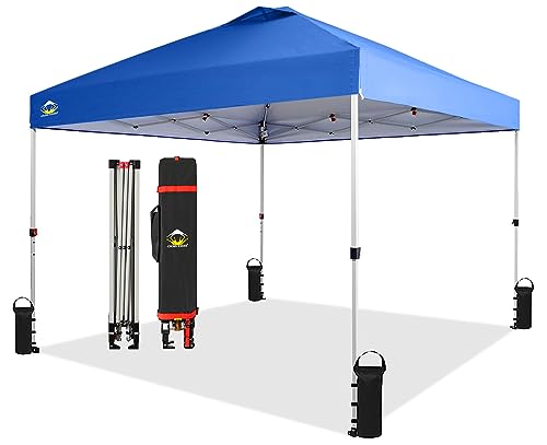 CROWN SHADES 10x10 Pop Up Canopy - Beach Tent with One Push Setup - Easy Outdoor Sun Shade for Events, Parties, Camping - Gazebo with STO-N-Go Cover Bag, Silver Coated Top, Blue-UPStoxs