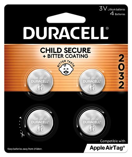 Duracell 2032 Lithium Battery. 4 Count Pack. Child Safety Features. Compatible with Apple AirTag, Key Fob, and other devices. CR2032 Lithium 3V Cell. 2032 Battery, Lithium Coin Battery-UPStoxs