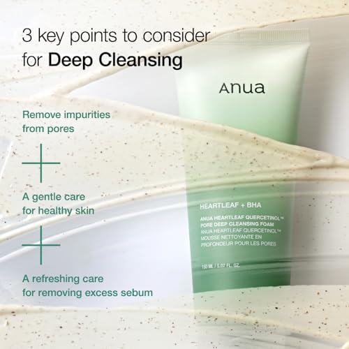 ANUA Heartleaf Quercetinol Pore Deep Cleansing Foam, Facial Cleanser, for Double Cleansing, BHA, Hyaluronic Acid, Glycerin, Face Wash, Blackhead Remover, Korean Skincare (150ml/5.07 fl.oz.)-UPStoxs