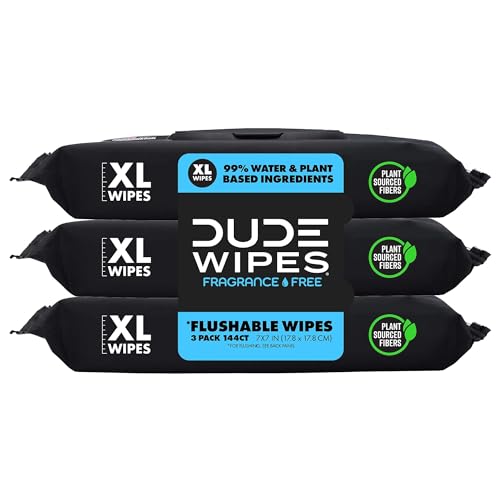 DUDE Wipes - Flushable Wipes - 3 Pack, 144 Wipes - Unscented Extra-Large Adult Wet Wipes - Vitamin-E & Aloe - Septic and Sewer Safe-UPStoxs