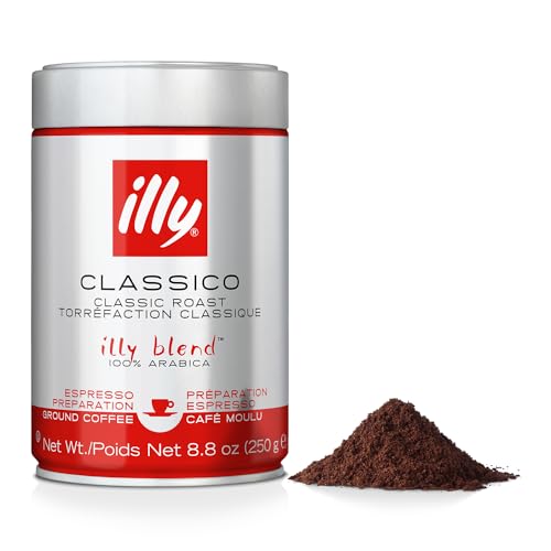 illy Classico Espresso Ground Coffee, Medium Roast, Classic Roast with Notes of Chocolate & Caramel, 100% Arabica Coffee, All-Natural, No Preservatives, 8.8 oz, Ground for Espresso Machines-UPStoxs