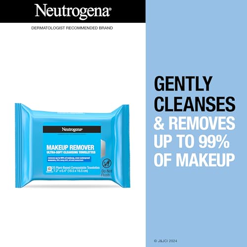 Neutrogena Makeup Remover Wipes, Ultra-Soft Cleansing Facial Towelettes for Waterproof Makeup, Alcohol-Free, Plant-Based, Twin Pack, 25 Count (Pack of 2)-UPStoxs