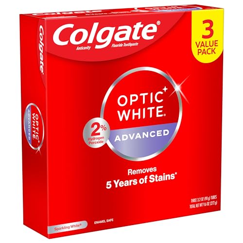 Colgate Optic White Advanced Hydrogen Peroxide Toothpaste, Teeth Whitening Toothpaste Pack, Enamel-Safe Formula, Helps Remove Tea, Coffee, and Wine Stains, Sparkling White, 3 Pack, 3.2 oz-UPStoxs