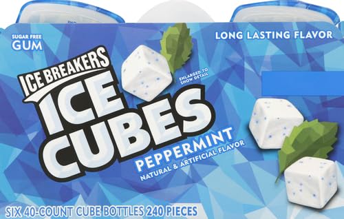 ICE BREAKERS Ice Cubes Peppermint Sugar Free Chewing Gum Bottles, 3.24 oz (6 Count, 40 Pieces)-UPStoxs