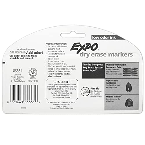 EXPO Low Odor Dry Erase Markers, Fine Tip, Black 4 Count-UPStoxs