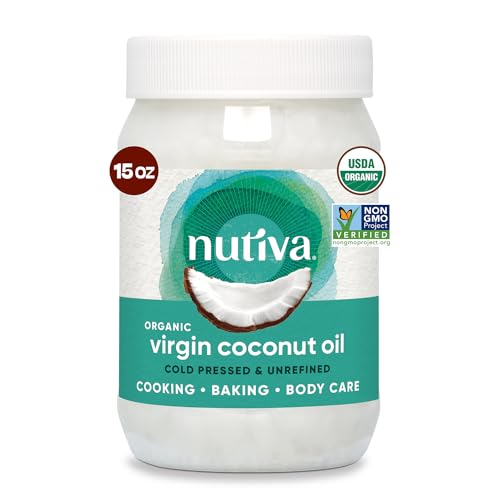 Nutiva Organic Coconut Oil 15 fl oz, Cold-Pressed, Fresh Flavor for Cooking, Natural Hair, Skin, Massage Oil and, Non-GMO, USDA Organic, Unrefined Extra Virgin Coconut Oil (Aceite de Coco)-UPStoxs