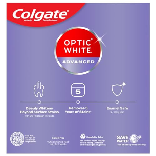 Colgate Optic White Advanced Hydrogen Peroxide Toothpaste, Teeth Whitening Toothpaste Pack, Enamel-Safe Formula, Helps Remove Tea, Coffee, and Wine Stains, Sparkling White, 3 Pack, 3.2 oz-UPStoxs