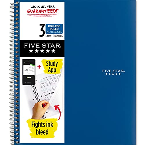 Five Star Spiral Notebook + Study App, 3 Subject, College Ruled Paper, Fights Ink Bleed, Water Resistant Cover, 8-1/2" x 11", 150 Sheets, Blue (73623)-UPStoxs