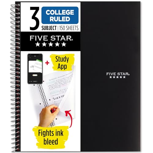 Five Star Spiral Notebook + Study App, 3 Subject, College Ruled Paper, Fights Ink Bleed, Water Resistant Cover, 8-1/2" x 11", 150 Sheets, Black (72069)-UPStoxs