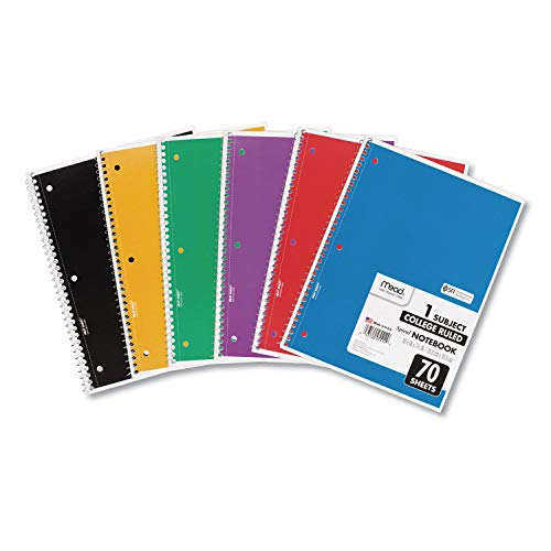 Mead Spiral Notebooks, 6 Pack, 1 Subject, College Ruled Paper, 7-1/2" x 10-1/2", 70 Sheets per Notebook, Color Will Vary (73065)-UPStoxs