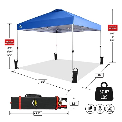 CROWN SHADES 10x10 Pop Up Canopy - Beach Tent with One Push Setup - Easy Outdoor Sun Shade for Events, Parties, Camping - Gazebo with STO-N-Go Cover Bag, Silver Coated Top, Blue-UPStoxs