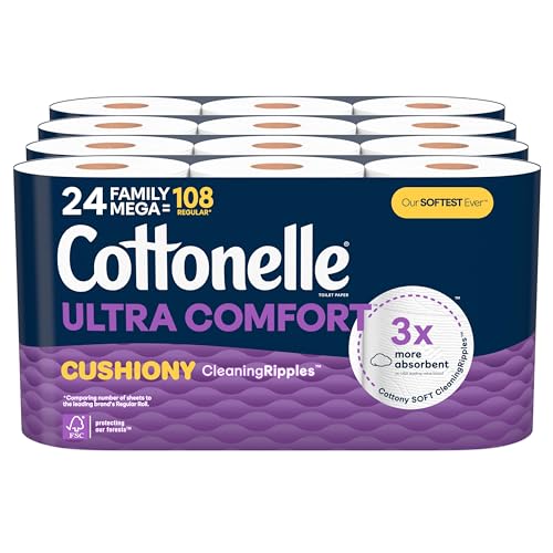 Cottonelle Ultra Comfort Toilet Paper with Cushiony CleaningRipples Texture, 24 Family Mega Rolls (24 Family Mega Rolls = 108 Regular Rolls) (4 Packs of 6), 296 Sheets per Roll, Packaging May Vary-UPStoxs