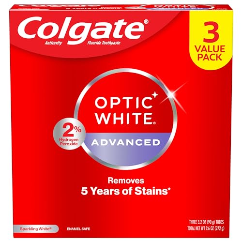 Colgate Optic White Advanced Hydrogen Peroxide Toothpaste, Teeth Whitening Toothpaste Pack, Enamel-Safe Formula, Helps Remove Tea, Coffee, and Wine Stains, Sparkling White, 3 Pack, 3.2 oz-UPStoxs