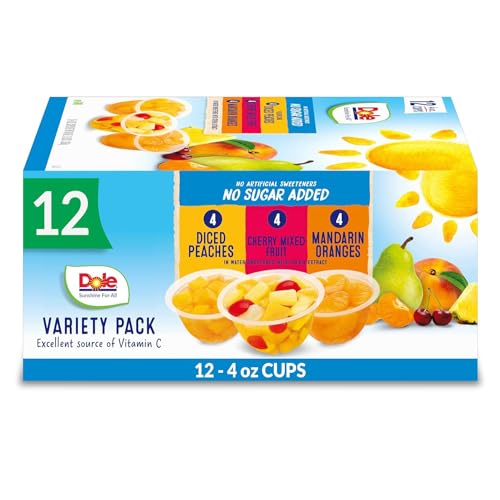 Dole Fruit Bowls No Sugar Added Variety Pack Snacks, Peaches, Mandarin Oranges & Cherry Mixed Fruit, 4oz 12 Cups, Gluten & Dairy Free, Bulk Lunch Snacks for Kids & Adults-UPStoxs