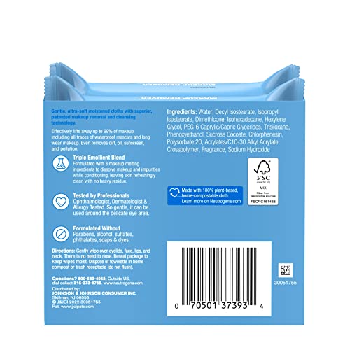 Neutrogena Makeup Remover Wipes, Ultra-Soft Cleansing Facial Towelettes for Waterproof Makeup, Alcohol-Free, Plant-Based, Twin Pack, 25 Count (Pack of 2)-UPStoxs