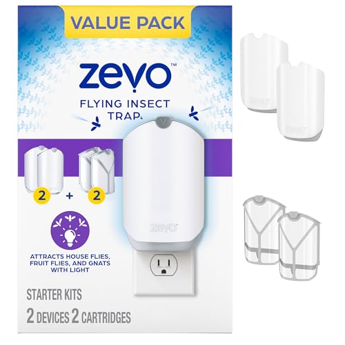 Zevo Flying Insect Trap for Indoors: Light Trap Captures Fruit Flies, Gnats and Houseflies, Starter Kit Value Pack (2 Plug-in Bases + 2 Cartridges)-UPStoxs