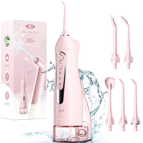 COSLUS Water Dental Flosser Teeth Pick: Portable Cordless Oral Irrigator 300ML Rechargeable Travel Irrigation Cleaner IPX7 Waterproof Electric Waterflosser for Teeth Cleaning F5020E Pink-UPStoxs