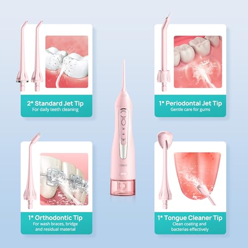 COSLUS Water Dental Flosser Teeth Pick: Portable Cordless Oral Irrigator 300ML Rechargeable Travel Irrigation Cleaner IPX7 Waterproof Electric Waterflosser for Teeth Cleaning F5020E Pink-UPStoxs