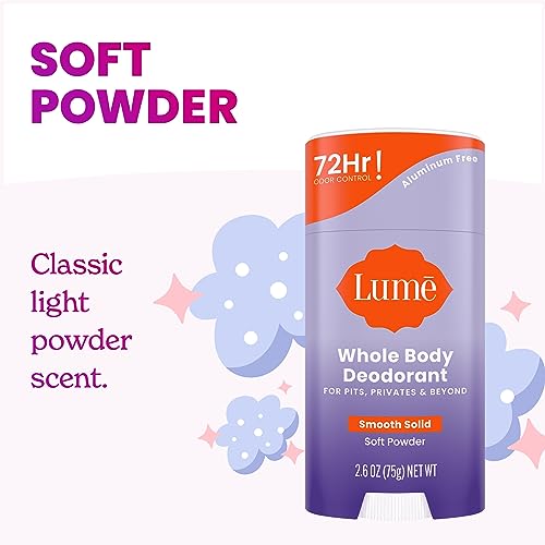 Lume Whole Body Deodorant - Smooth Solid Stick - 72 Hour Odor Control - Aluminum Free, Baking Soda Free and Skin Safe - 2.6 Ounce (Pack of 2) (Soft Powder)-UPStoxs