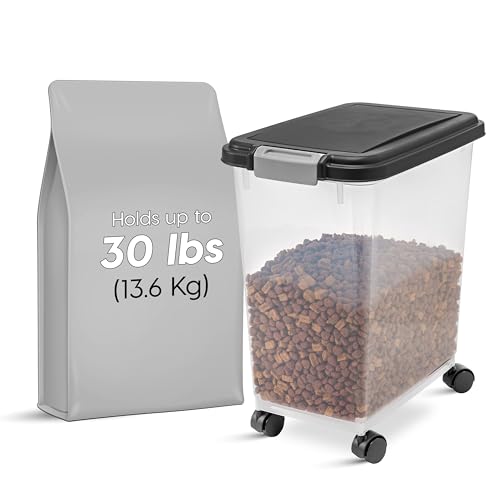 IRIS USA Airtight Dog Food Storage Container, Up to 30 lbs, Attachable Wheels, for Dog Cat Bird and other Pet Food Storage Bin, Keep Fresh, Easy Mobility, BPA Free, Black-UPStoxs