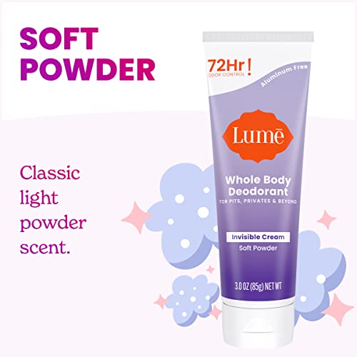 Lume Whole Body Deodorant - Invisible Cream Tube - 72 Hour Odor Control - Aluminum Free, Baking Soda Free, Skin Safe - 3.0 ounce (Soft Powder)-UPStoxs