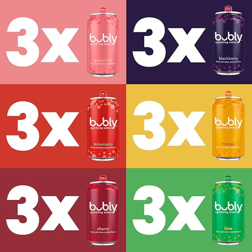 bubly Sparkling Water, 6 Flavor Variety Pack (Blackberry, Lime, Cherry, Grapefruit, Strawberry, Mango), Zero Sugar & Zero Calories, Seltzer Water, 12 Fl Oz Cans (Pack of 18)-UPStoxs