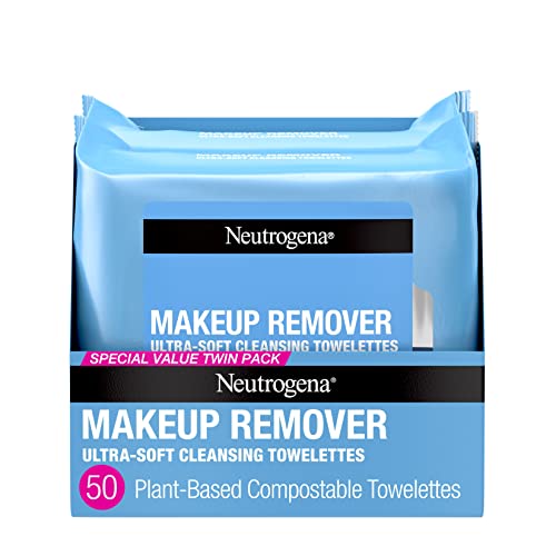 Neutrogena Makeup Remover Wipes, Ultra-Soft Cleansing Facial Towelettes for Waterproof Makeup, Alcohol-Free, Plant-Based, Twin Pack, 25 Count (Pack of 2)-UPStoxs