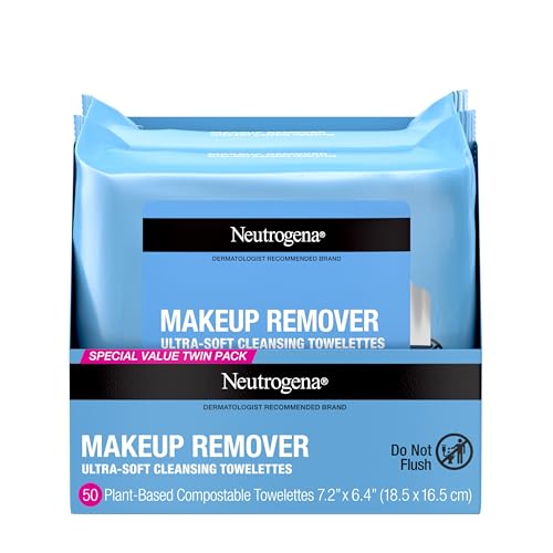 Neutrogena Makeup Remover Wipes, Ultra-Soft Cleansing Facial Towelettes for Waterproof Makeup, Alcohol-Free, Plant-Based, Twin Pack, 25 Count (Pack of 2)-UPStoxs