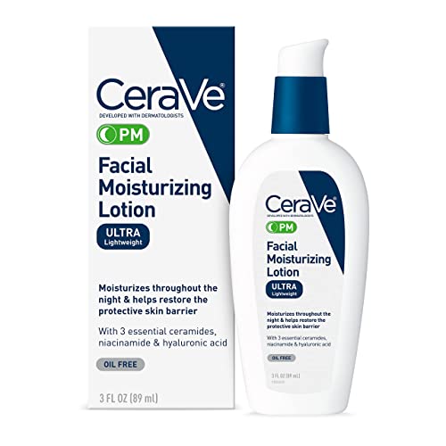 CeraVe PM Facial Moisturizing Lotion | Night Cream with Hyaluronic Acid and Niacinamide | Ultra-Lightweight, Oil-Free Moisturizer for Face | 3 Ounce-UPStoxs