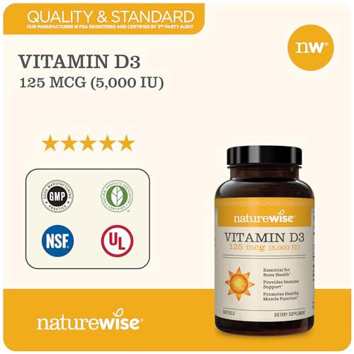 NatureWise Vitamin D3 5000iu (125 mcg) 1 Year Supply for Healthy Muscle Function, and Immune Support, Non-GMO, Gluten Free in Cold-Pressed Olive Oil, Packaging Vary ( Mini Softgel), 360 Count-UPStoxs