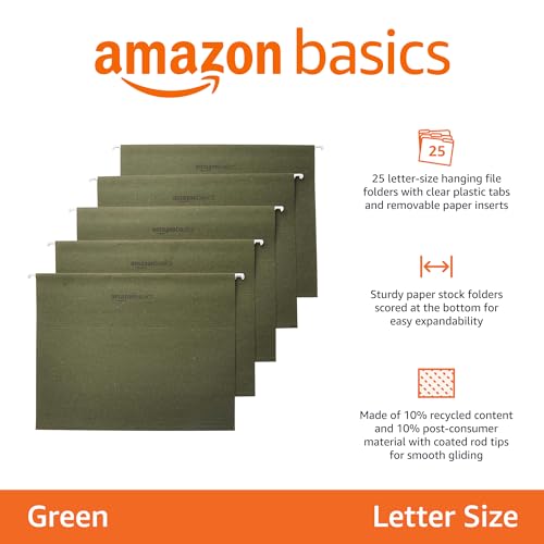 Amazon Basics Hanging Organizer File Folder, Letter Size, Green - Pack of 25-UPStoxs