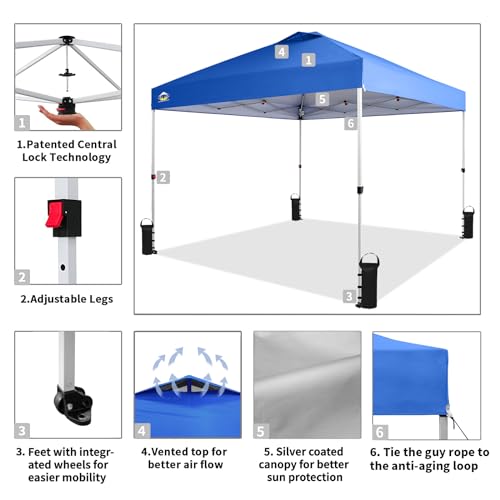 CROWN SHADES 10x10 Pop Up Canopy - Beach Tent with One Push Setup - Easy Outdoor Sun Shade for Events, Parties, Camping - Gazebo with STO-N-Go Cover Bag, Silver Coated Top, Blue-UPStoxs