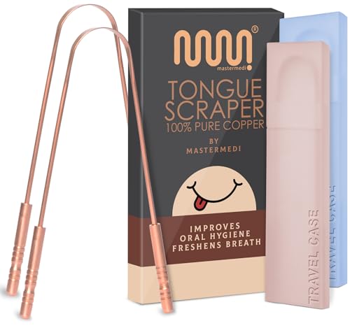 MasterMedi Tongue Scraper with Case Easy to Use Tongue Scraper for Adults, Tongue Cleaner for Oral Care & Hygiene (Copper Set of 2 (with Travel Case))-UPStoxs