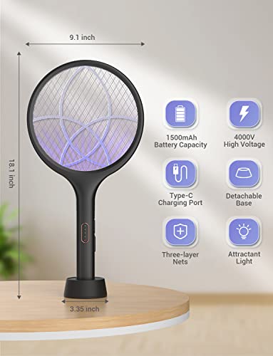 YISSVIC Electric Fly Swatter 4000V Bug Zapper Racket Dual Modes Mosquito Killer with Purple Mosquito Light Rechargeable for Indoor Home Office Backyard Patio Camping-UPStoxs