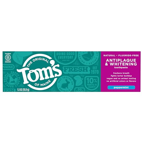 Tom's of Maine Fluoride-Free Antiplaque & Whitening Natural Toothpaste, Peppermint, 5.5 oz. (Pack of 2)-UPStoxs