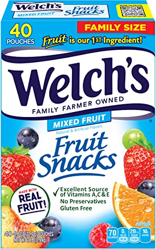 Welch's Fruit Snacks, Mixed Fruit, Perfect Halloween Candy Bulk Pack, Gluten Free, Individual Single Serve Bags, 0.8 oz (Pack of 40)-UPStoxs