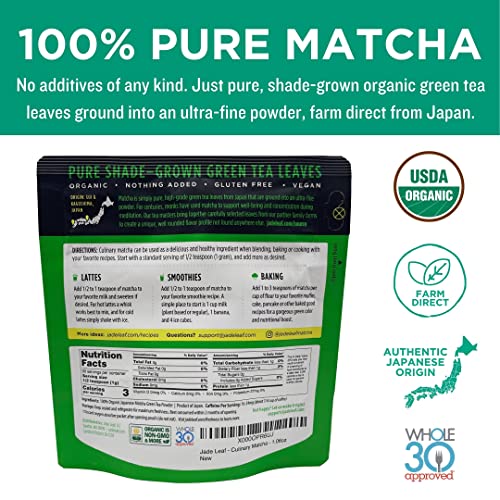 Jade Leaf Matcha Organic Green Tea Powder - Culinary Grade Premium Second Harvest - Authentic Japanese Origin (1.06 Ounce Pouch)-UPStoxs