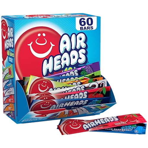 Airheads Candy Bars, Variety Bulk Box, Chewy Full Size Fruit Taffy, Gifts, Holiday, Parties, Concessions, Pantry, Non Melting, Party, 60 Individually Wrapped Full Size Bars-UPStoxs