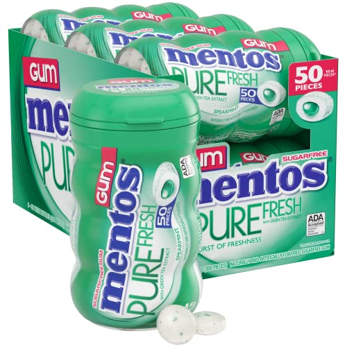 Mentos Pure Fresh Sugar-Free Chewing Gum with Xylitol, Spearmint, 50 Piece Bottle (Bulk Pack of 6)-UPStoxs