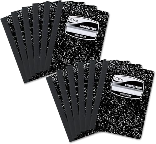 Mead Composition Notebooks, 12 Pack, Wide Ruled Paper, 9-3/4" x 7-1/2", 100 Sheets per Comp Book, Black Marble (72936)-UPStoxs