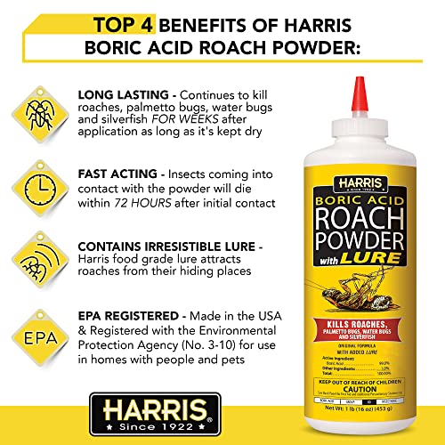 HARRIS Boric Acid Roach and Silverfish Killer Powder w/Lure for Insects (16oz)-UPStoxs