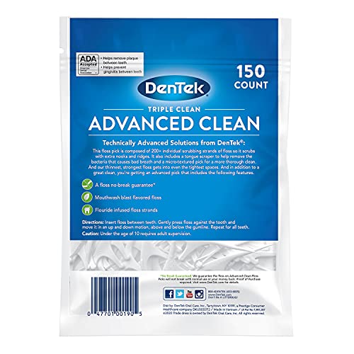 DenTek Triple Clean Advanced Clean Floss Picks, No Break & No Shred Floss, 150 Count, (Packaging May Vary)-UPStoxs