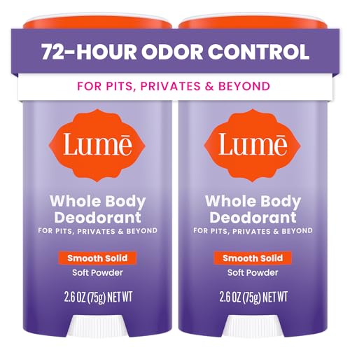 Lume Whole Body Deodorant - Smooth Solid Stick - 72 Hour Odor Control - Aluminum Free, Baking Soda Free and Skin Safe - 2.6 Ounce (Pack of 2) (Soft Powder)-UPStoxs