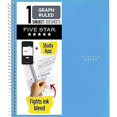 Five Star Spiral Notebook + Study App, 1 Subject, Graph Ruled Paper, Fights Ink Bleed, Water Resistant Cover, 8-1/2" x 11", 100 Sheets, Tidewater Blue (06190AA4)-UPStoxs