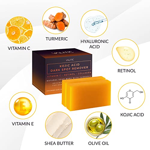 VALITIC Kojic Acid Dark Spot Remover Soap Bars with Vitamin C, Retinol, Collagen, Turmeric - Original Japanese Complex Infused with Hyaluronic Acid, Vitamin E, Shea Butter, Castile Olive Oil (2 Pack)-UPStoxs