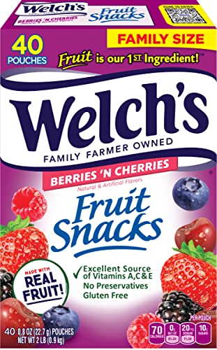 Welch's Fruit Snacks, Berries 'n Cherries, Perfect Halloween Candy Bulk Pack, Gluten Free, Individual Single Serve Bags, 0.8 oz (Pack of 40)-UPStoxs