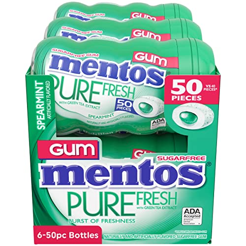 Mentos Pure Fresh Sugar-Free Chewing Gum with Xylitol, Spearmint, 50 Piece Bottle (Bulk Pack of 6)-UPStoxs